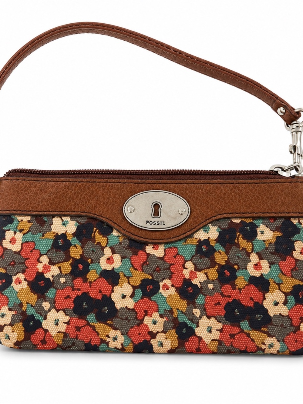 Fossil Multicolor Floral Canvas Wristlet with Brown Trim